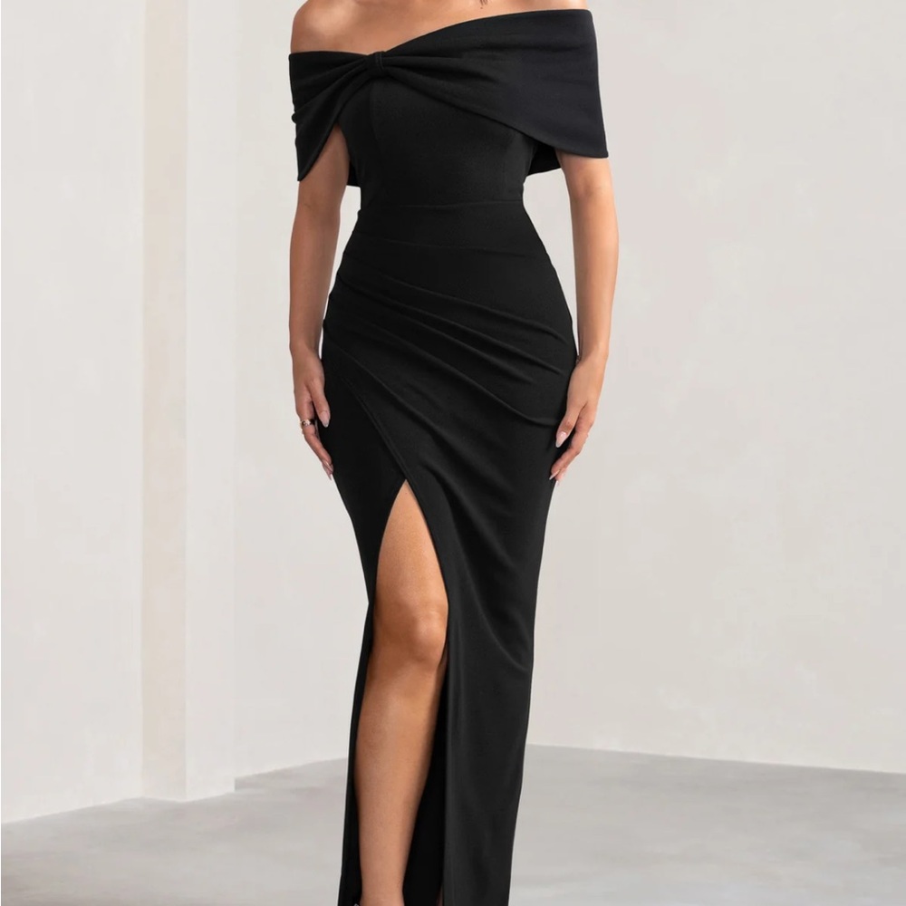 EVA BLACK BARDOT BOW DETAIL MAXI DRESS WITH THIGH SPLIT